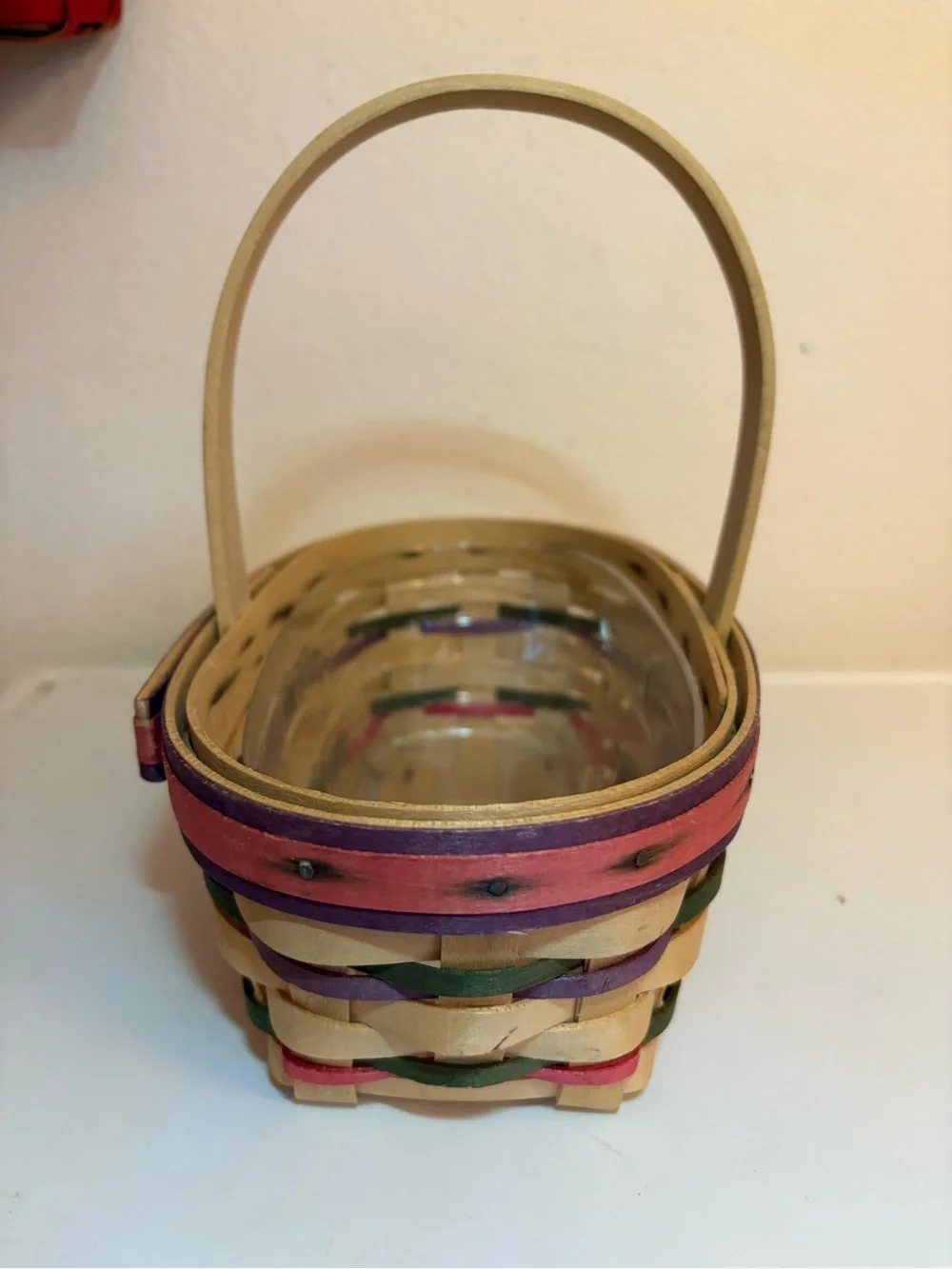 Vintage Longaberger 1996 Easter Basket & Protector, Pink, Green & Purple Accents